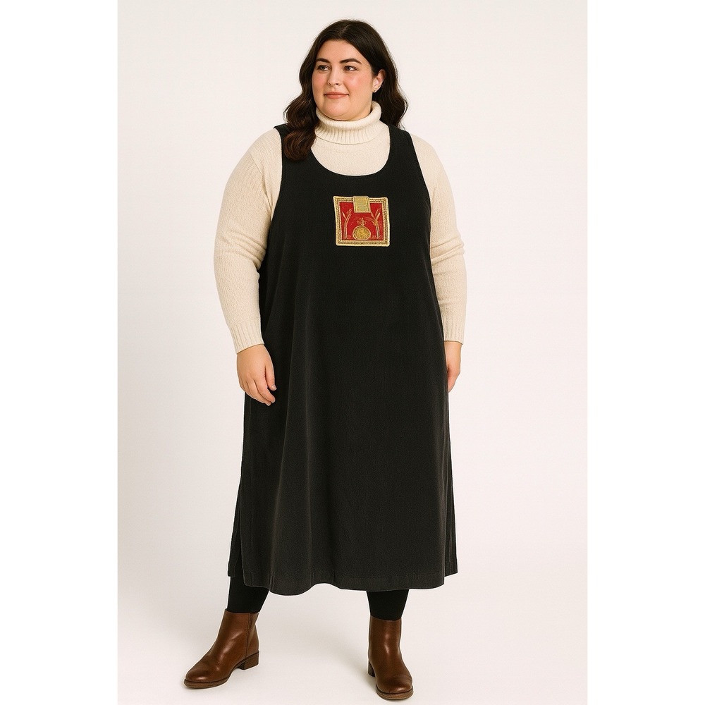 CJ Banks 20W Black Corduroy Jumper Dress Fall Pumpkin Applique Lagenlook Cottage